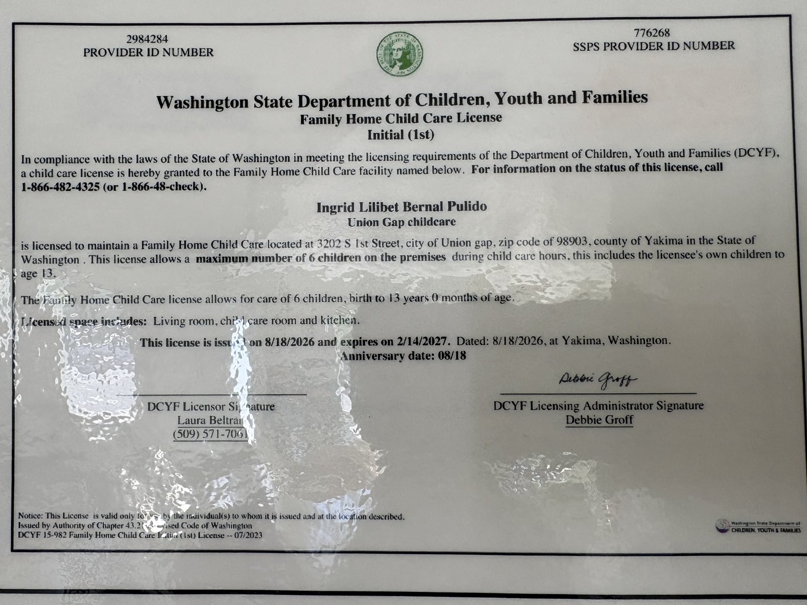 Washington State Department of Children, Youth and Families Family Home Child Care License for Union Gap Childcare
